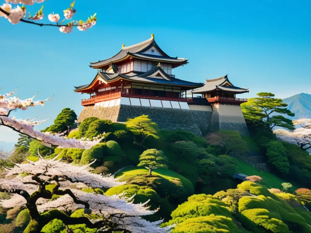 Castillo samurái japonés entre cerezos en flor Imponente castillo samurái en colina verde, rodeado de cerezos en flor y cielo azul, evocando la rica tradición de castillos samurái Japón