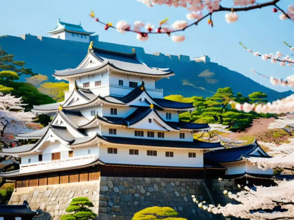 El imponente Castillo de Himeji, rodeado de cerezos en flor, resalta la importancia de los castillos samurái en el periodo Edo