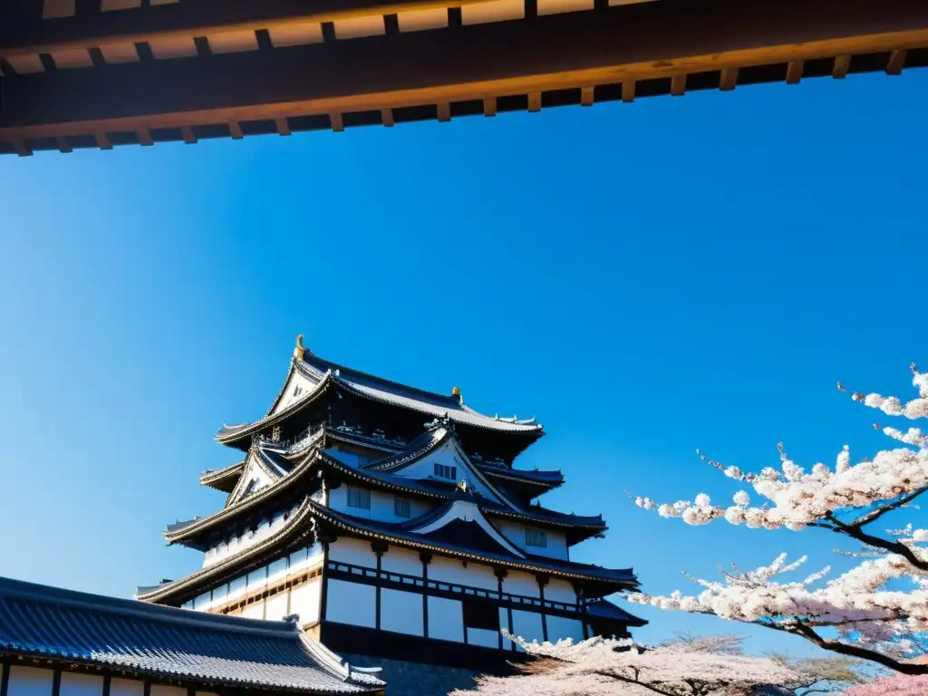 Imponente castillo de Himeji rodeado de cerezos en flor, bañado por la cálida luz matutina