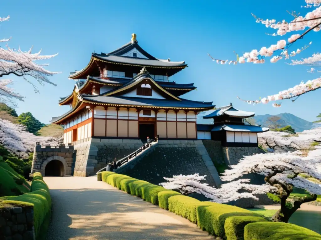 Imponente castillo japonés rodeado de cerezos en flor, samuráis patrullando, evocando la historia, castillos y cultura samurái