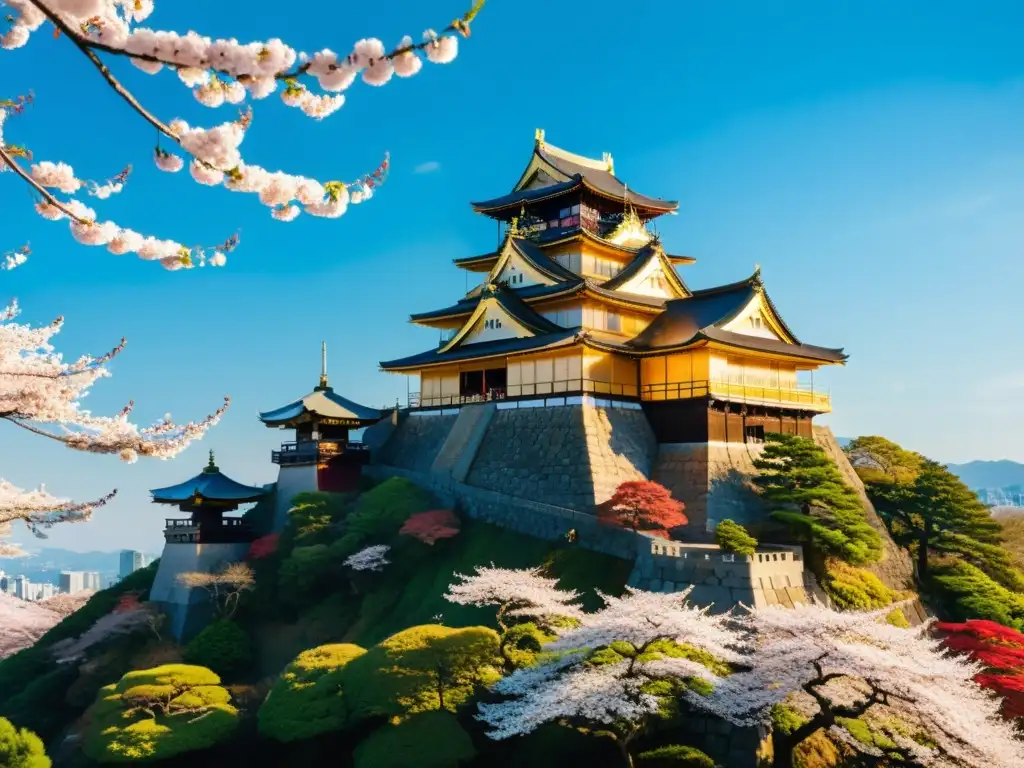 Imponente castillo japonés rodeado de flores de cerezo, con detalles en rojo y dorado