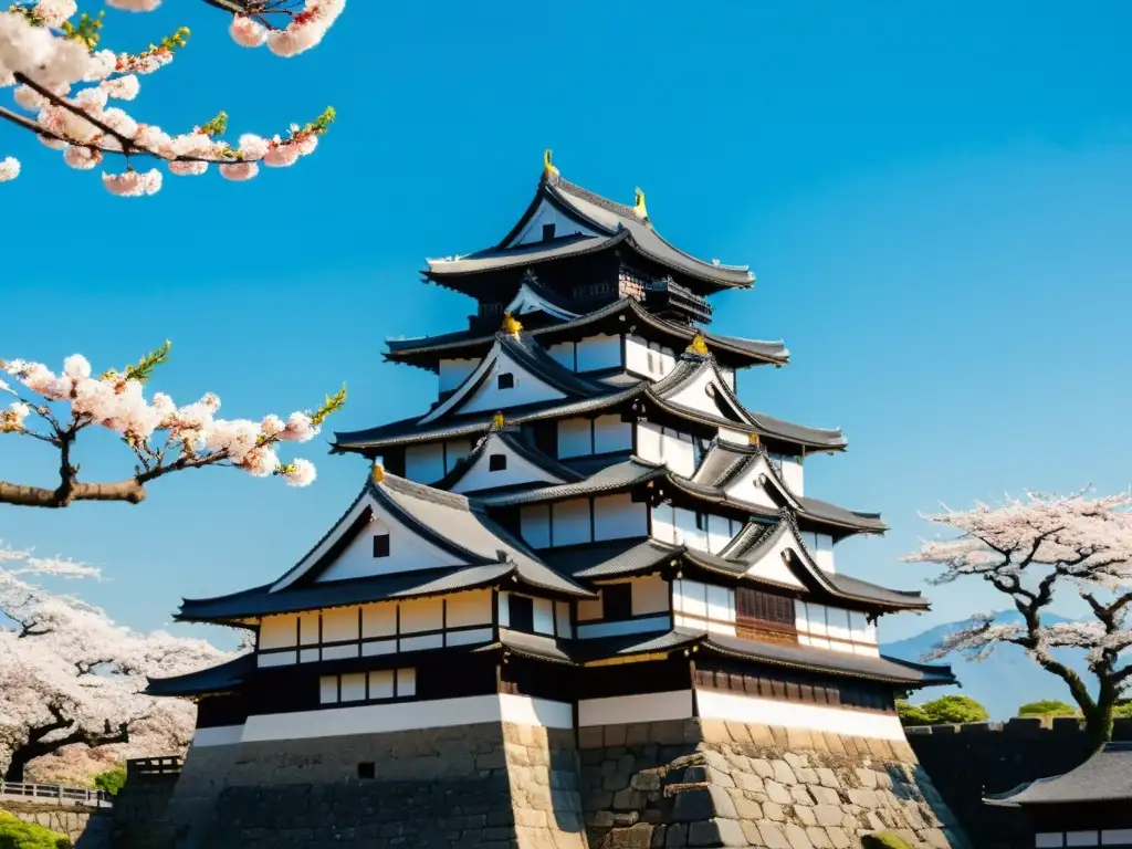 El imponente Castillo Matsumoto en Japón, con detalles arquitectónicos y árboles de cerezo en flor, evocando la historia y cultura samurái