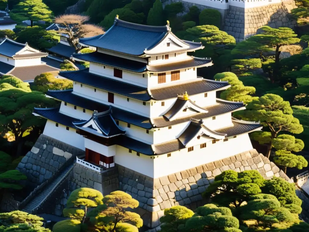 Imponente castillo samurai, símbolo de poder y autoridad feudal, con elegante arquitectura y jardines japoneses, destacando su significado histórico