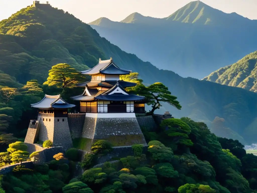 Imponente castillo samurái en la era Azuchi-Momoyama, resaltando su arquitectura y paisaje al atardecer