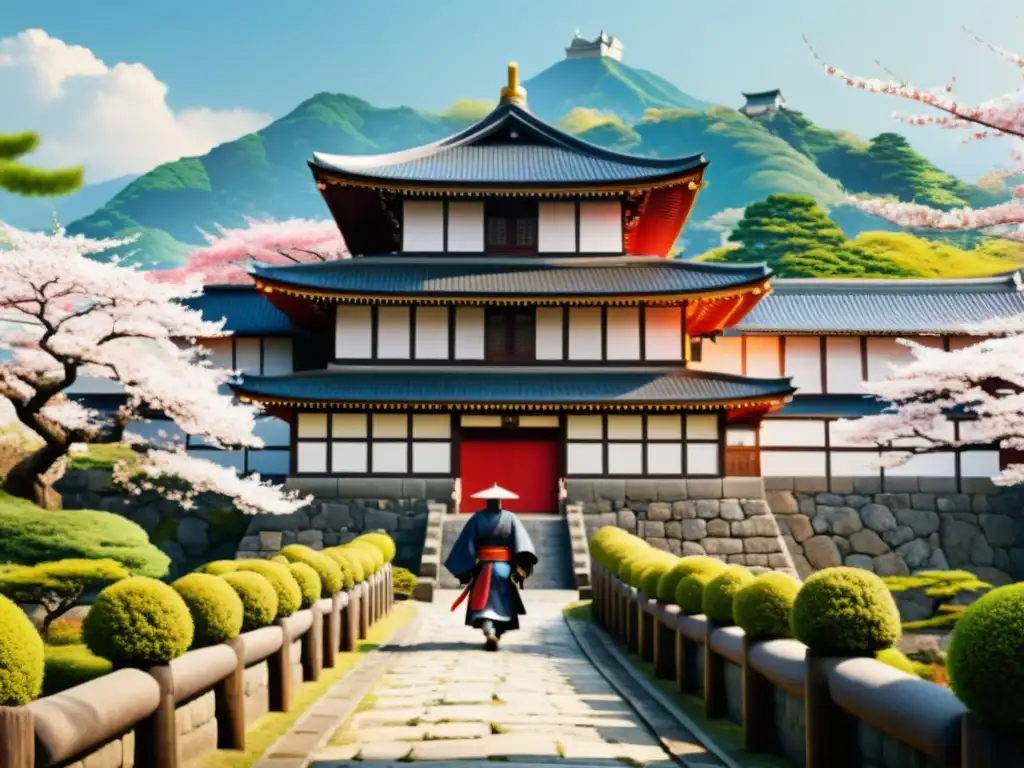 Castillo samurái: majestuosidad y belleza en floración Imponente castillo samurái rodeado de flores de cerezo en plena floración