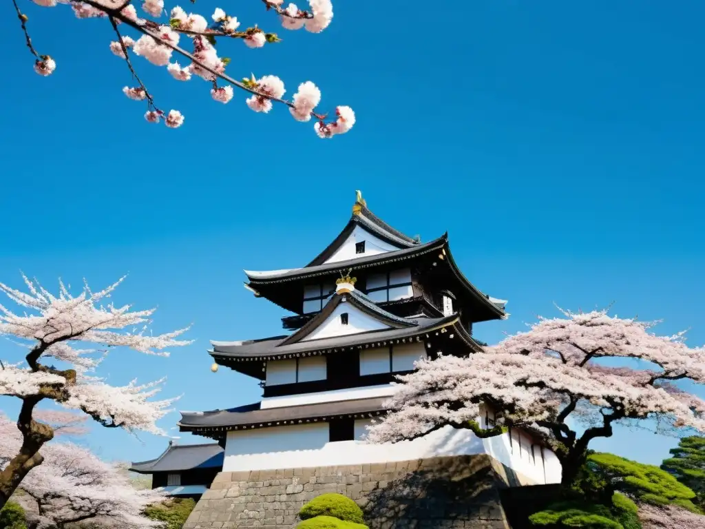 Imponente castillo samurái rodeado de flores de cerezo, muestra la importancia de los castillos samurái en el periodo Edo