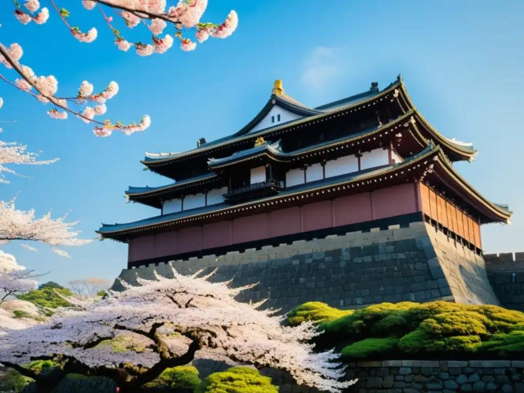 Imponente castillo Sendai con cerezos en flor, reflejando el legado Date Masamune en Tohoku