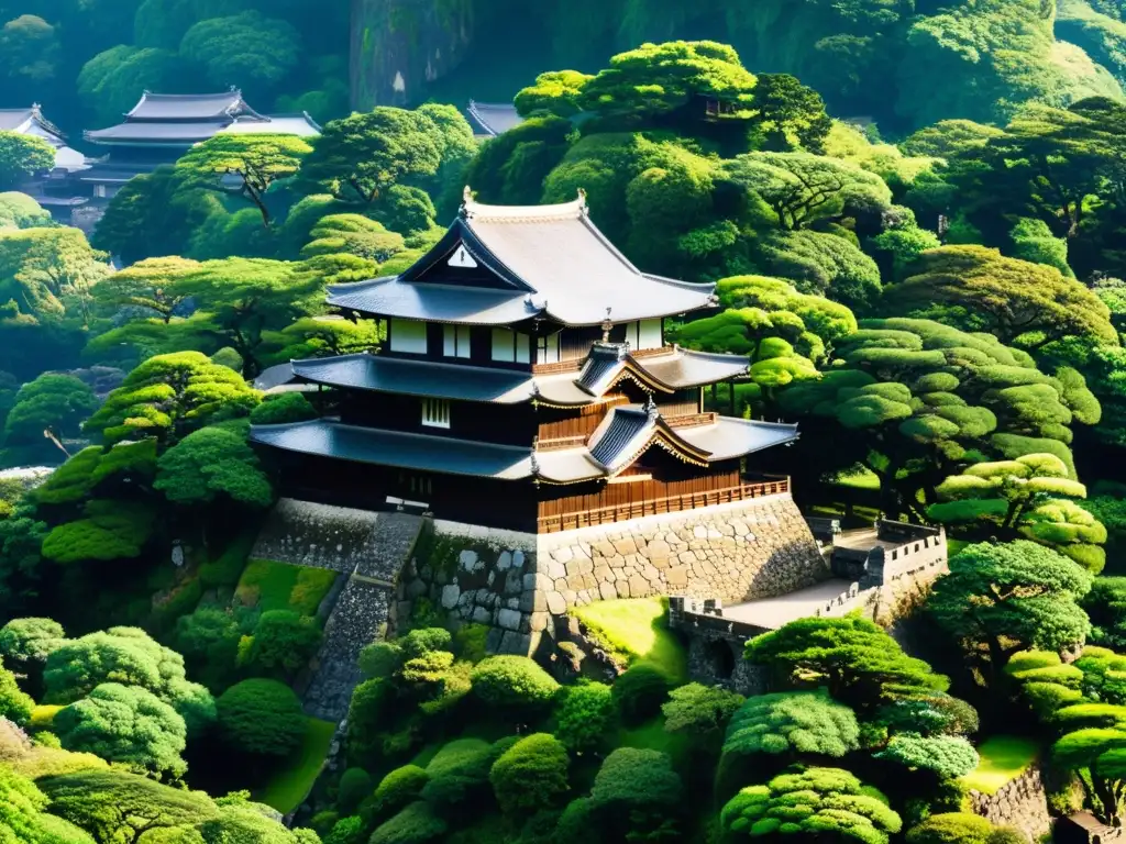 Imponente castillo de Kumamoto entre vegetación, con sombras dramáticas y arquitectura japonesa detallada