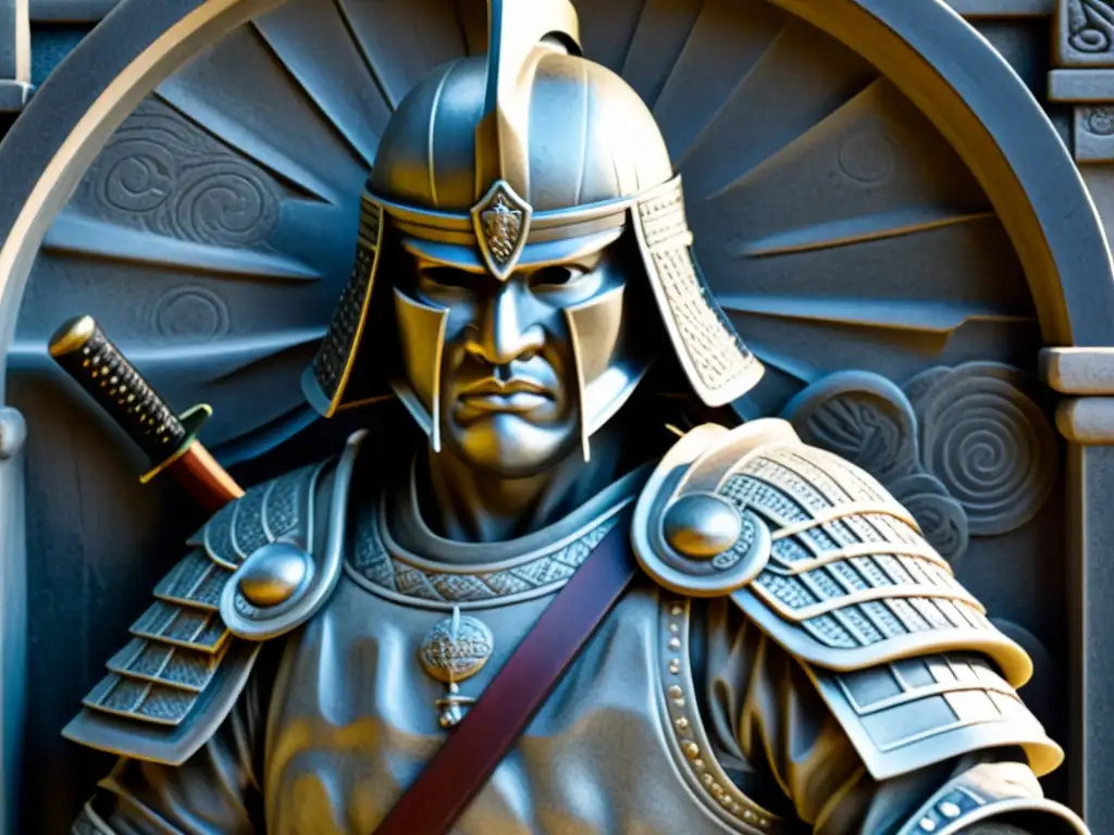 Imponente escultura en castillo samurái: guerrero en armadura, katana en mano, expresión de fuerza y determinación