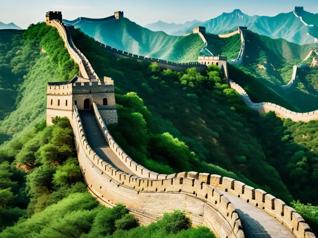 Imponente imagen de la Gran Muralla China, resaltando su grandeza y la influencia coreana y china en samurái