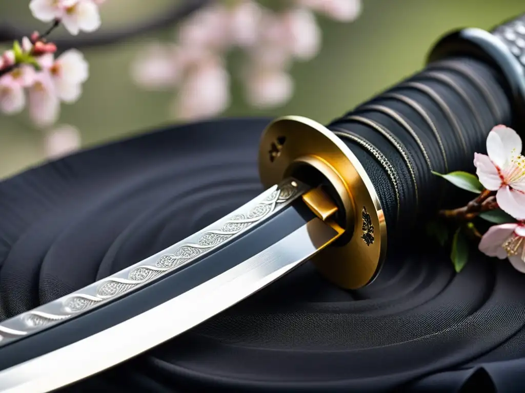 Imponente katana japonesa con diseño de flores de cerezo, parcialmente desenfundada, en un dojo tradicional