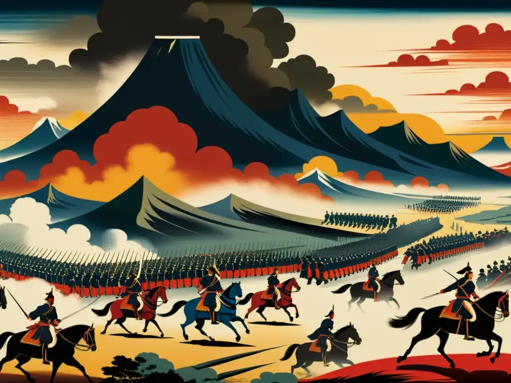 Batalla épica de Oda Nobunaga: caos y determinación Imponente Oda Nobunaga lidera ejército en feroz batalla samurái del período Sengoku