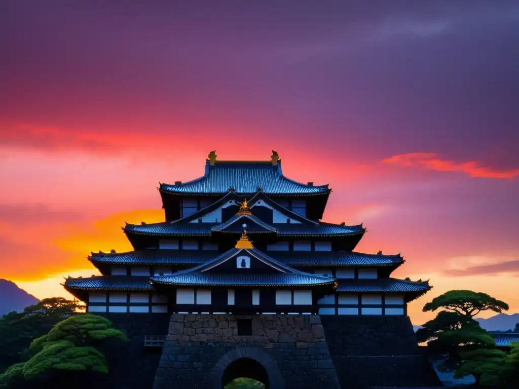 Imponente silueta del Castillo Kumamoto al atardecer, reflejando la cultura samurái en un entorno natural impactante