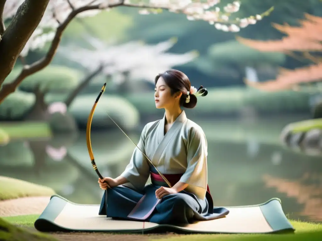 Importancia de la meditación en Kyudo: Un arquero japonés medita en un jardín tranquilo, con cerezos en flor y un estanque sereno