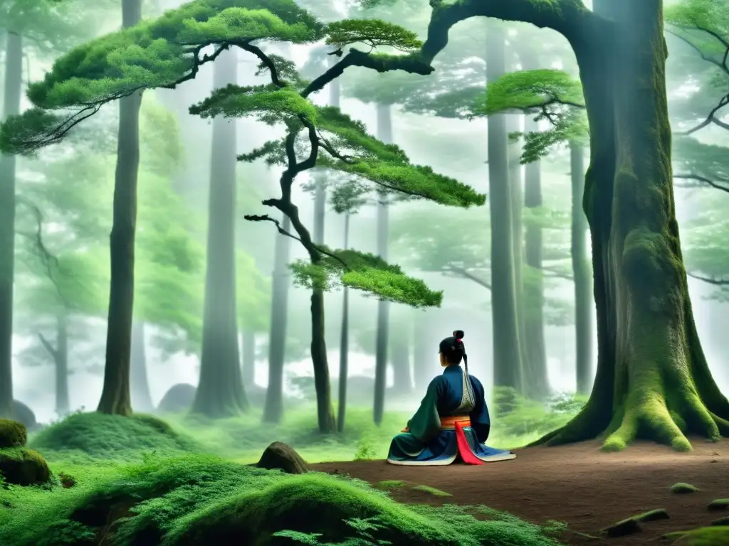 La importancia de la naturaleza en la educación samurai cobra vida en esta serena escena de meditación en el bosque