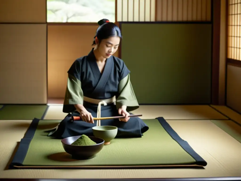 Importancia del protocolo samurái: Detallada ceremonia del té japonés en una serena habitación tatami, con maestro y aprendices en reverente escena