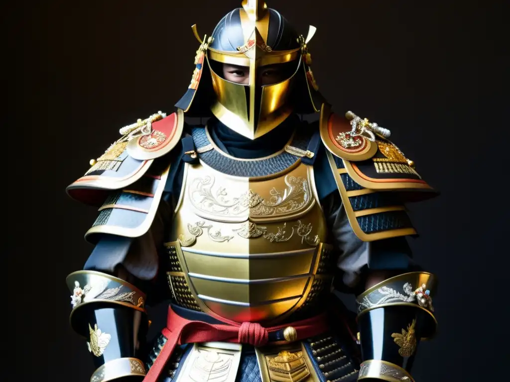 Una impresionante armadura samurái muestra arte y maestría histórica en un fondo oscuro con iluminación dramática