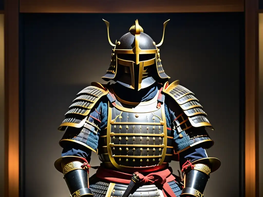 Una impresionante armadura samurái en exhibición, resaltando la importancia del código imperial samurái en un museo con iluminación tenue