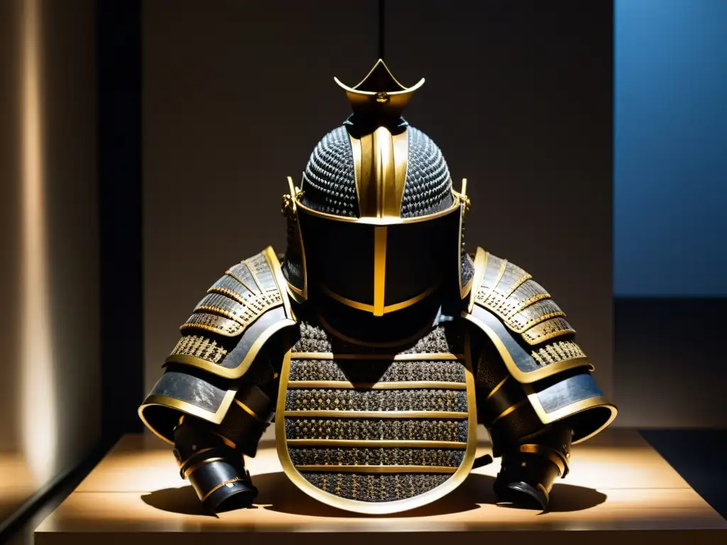 Una impresionante armadura samurái en un museo, iluminada por dramáticas sombras que realzan su artesanía