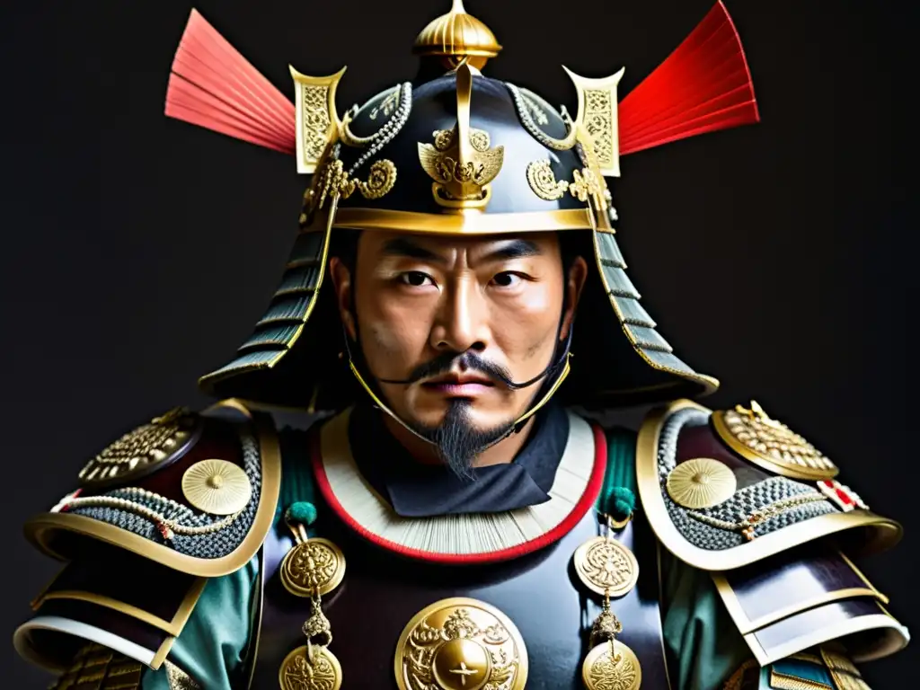 Una impresionante armadura samurái del período Heian, con detalles de metal y un casco ornamentado, en un dramático fondo oscuro