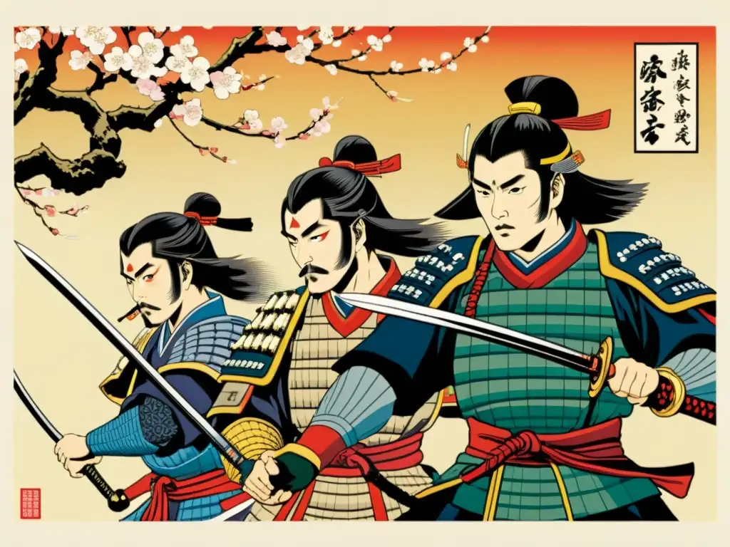 Impresionante arte ukiyo-e samurái con intensa batalla y elegantes detalles florales