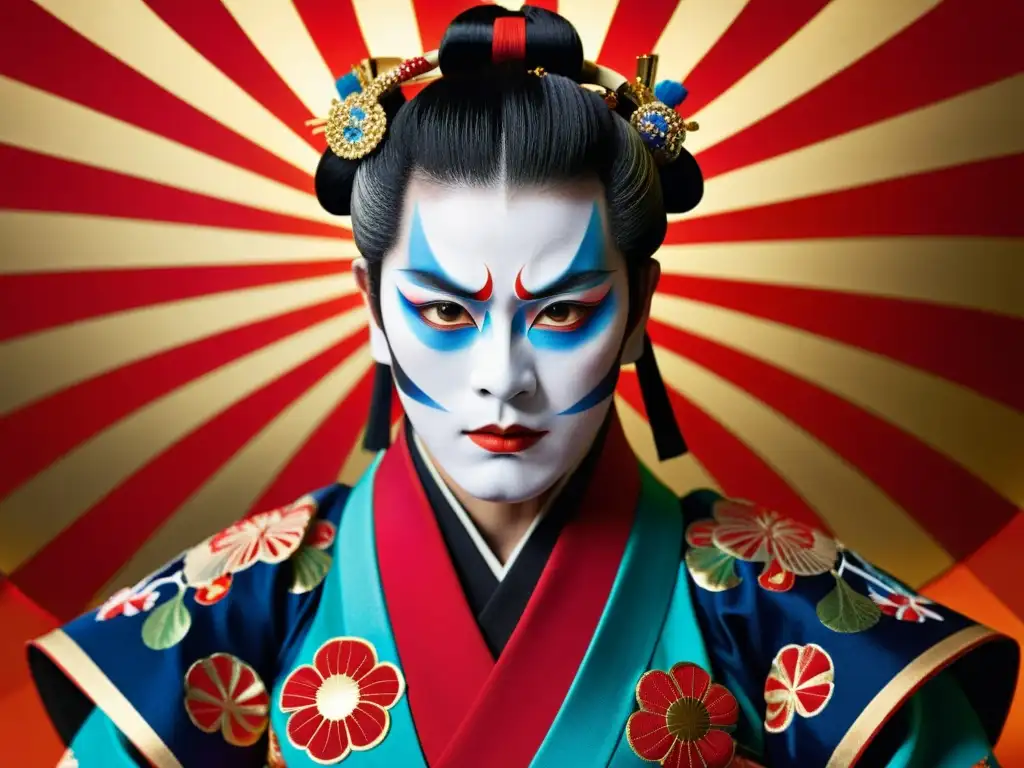 Una impresionante representación artística de una mujer samurái en kabuki, con detalles intrincados y colores vibrantes