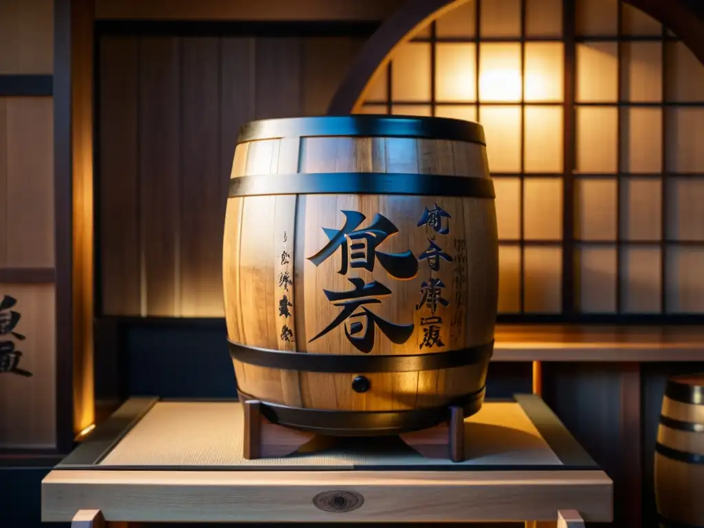 Una impresionante barrica de sake japonesa, detallada y enigmática, rodeada de herramientas tradicionales en una bodega