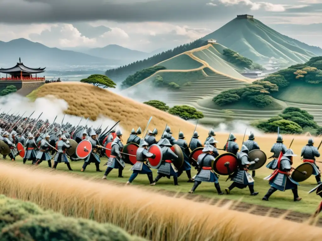 Un impresionante campo de batalla japonés con samuráis cargando en armadura completa, evocando la intensidad de las estrategias militares shogunato