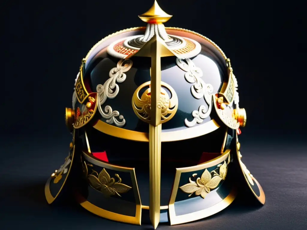 'Impresionante casco samurái con detalles ornamentados y poderosa presencia, evocando las estrategias de poder samurái en Japón feudal