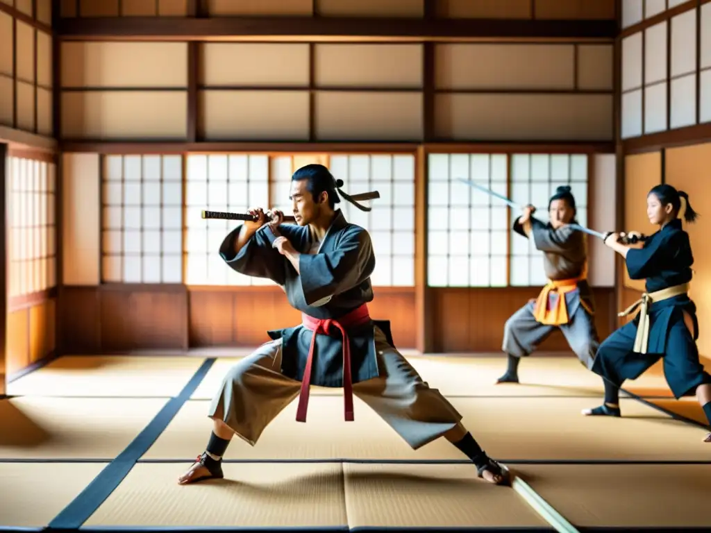 Un impresionante dojo japonés con samuráis practicando diferentes tácticas de combate, destacando las diferencias tácticas samuráis caballeros