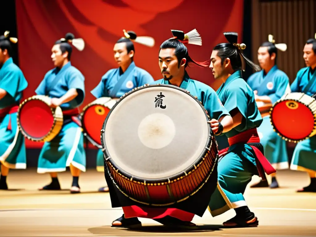 Un impresionante espectáculo de tambores Taiko con guerreros samuráis en armadura, desplegando su arte con intensidad