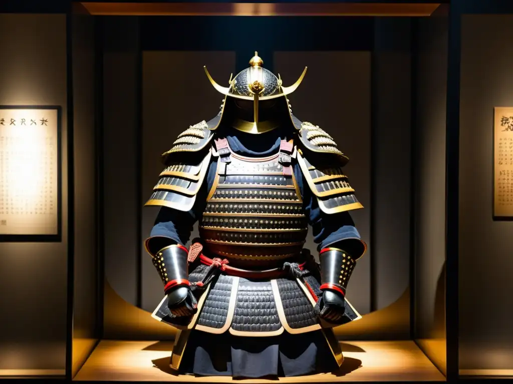 Una impresionante exhibición del legado samurái en Kanazawa, con una armadura tradicional detalladamente decorada en un museo con luz tenue