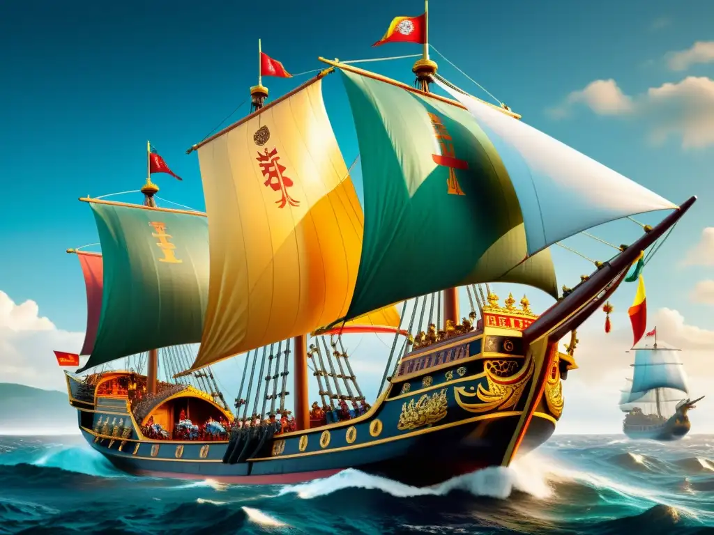 Flota naval Wokou: esplendor en alta mar Una impresionante flota naval de los Wokou Samurai, con velas coloridas navegando en mares agitados