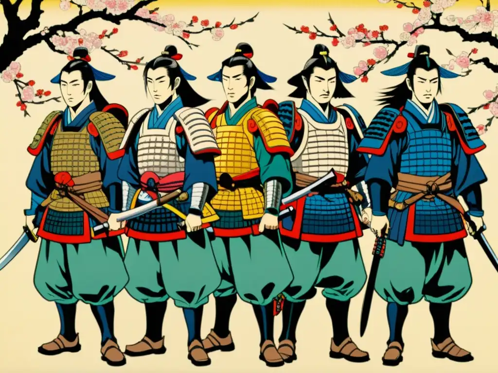 Un impresionante grabado en madera ukiyo-e que muestra a samuráis en armadura tradicional en un campo de batalla de cerezos en flor