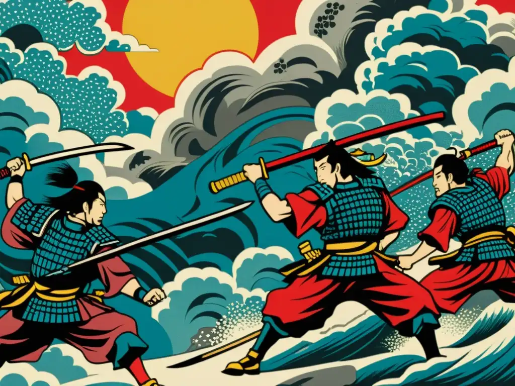 Una impresionante ilustración de un grabado en madera japonés tradicional que representa una dramática escena de batalla de samuráis