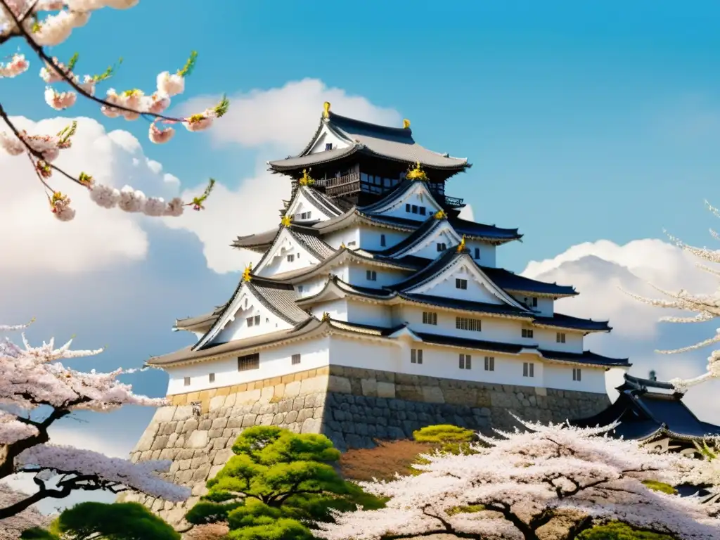 Una impresionante imagen de alta resolución del Castillo de Himeji en Japón, rodeado de árboles de cerezo en flor