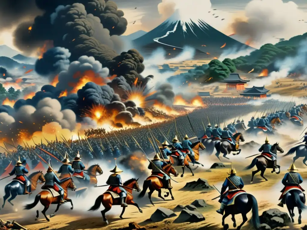 Impresionante imagen de la Batalla de Sekigahara, con Ishida Mitsunari liderando sus tropas en un campo de batalla neblinoso