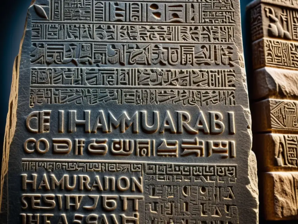 Una impresionante imagen detallada del Código de Hammurabi tallado en una tableta de piedra, destacando la antigua escritura cuneiforme y la textura erosionada del artefacto