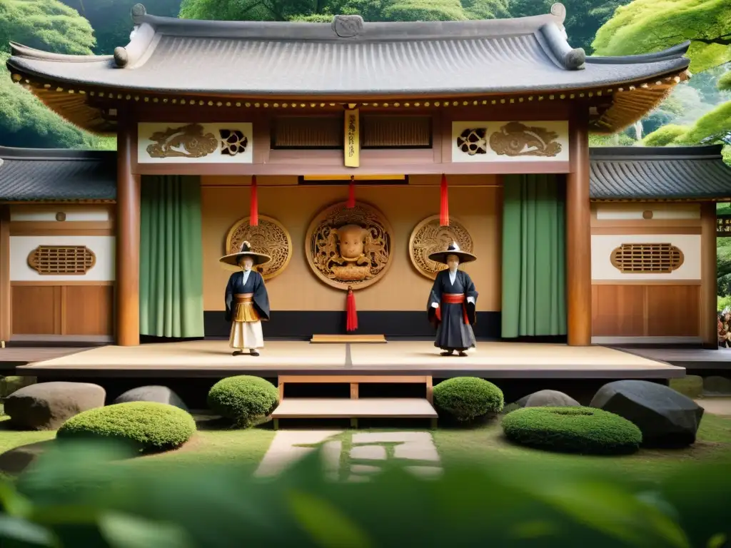 Escenario Noh tradicional: Elegancia y arte marcial Una impresionante imagen documental de un escenario de teatro Noh tradicional, rodeado de exuberante vegetación, bañado en una suave luz natural