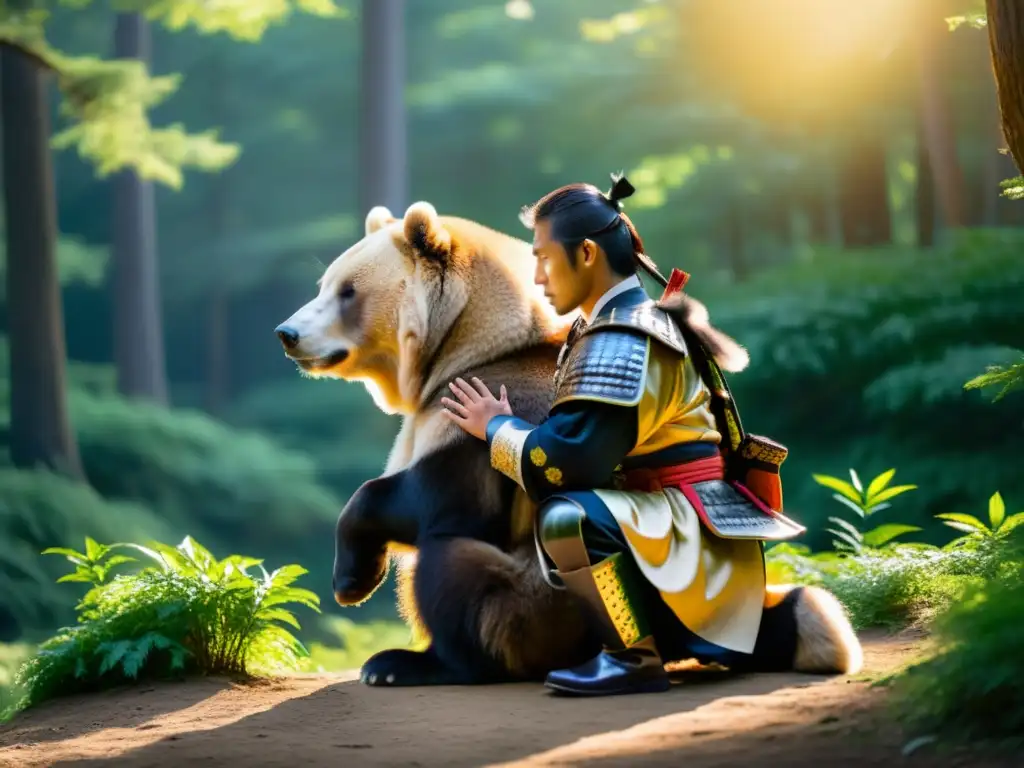 Una impresionante imagen muestra a un majestuoso samurái junto a un poderoso oso, transmitiendo honor y lealtad en un bosque tranquilo