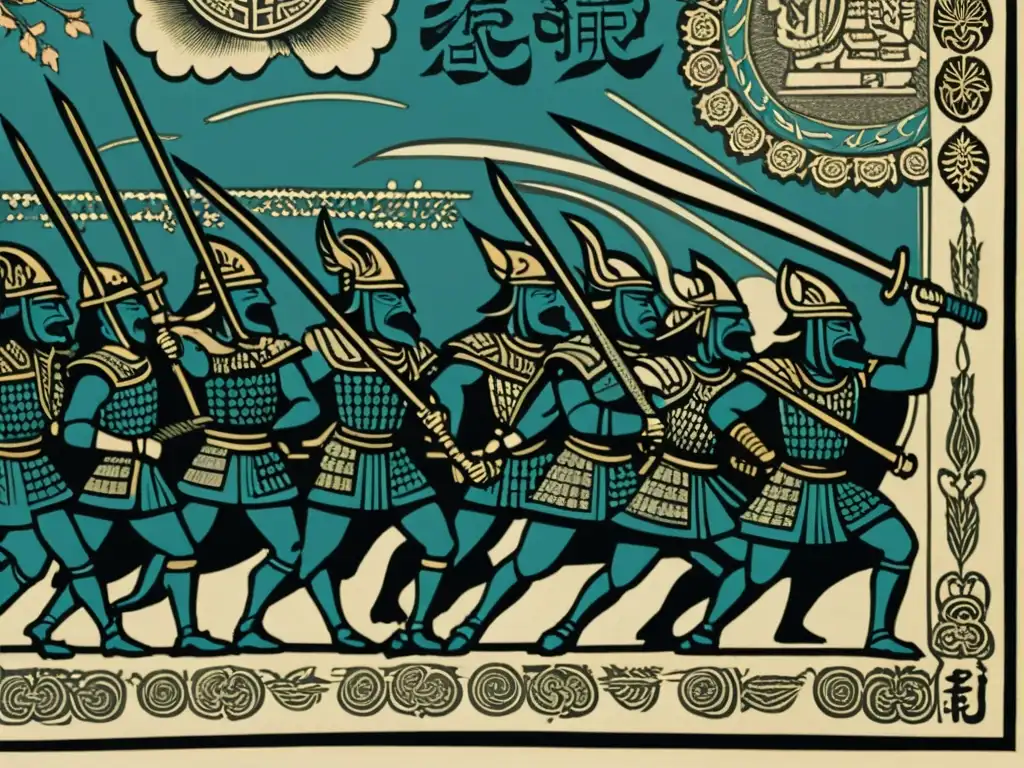 Una impresionante impresión en madera detalla la intensa batalla de samuráis, mostrando la influencia del arte ukiyo-e samurái en cada detalle