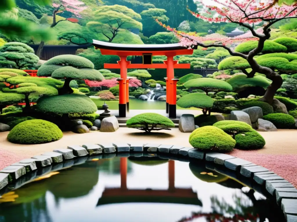 Un impresionante jardín japonés con un tranquilo estanque, destacando un torii rojo rodeado de vegetación