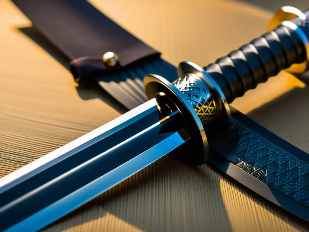 Una impresionante katana samurái con influencia de las espadas damascenas, detallada y majestuosa, resplandeciendo en la luz