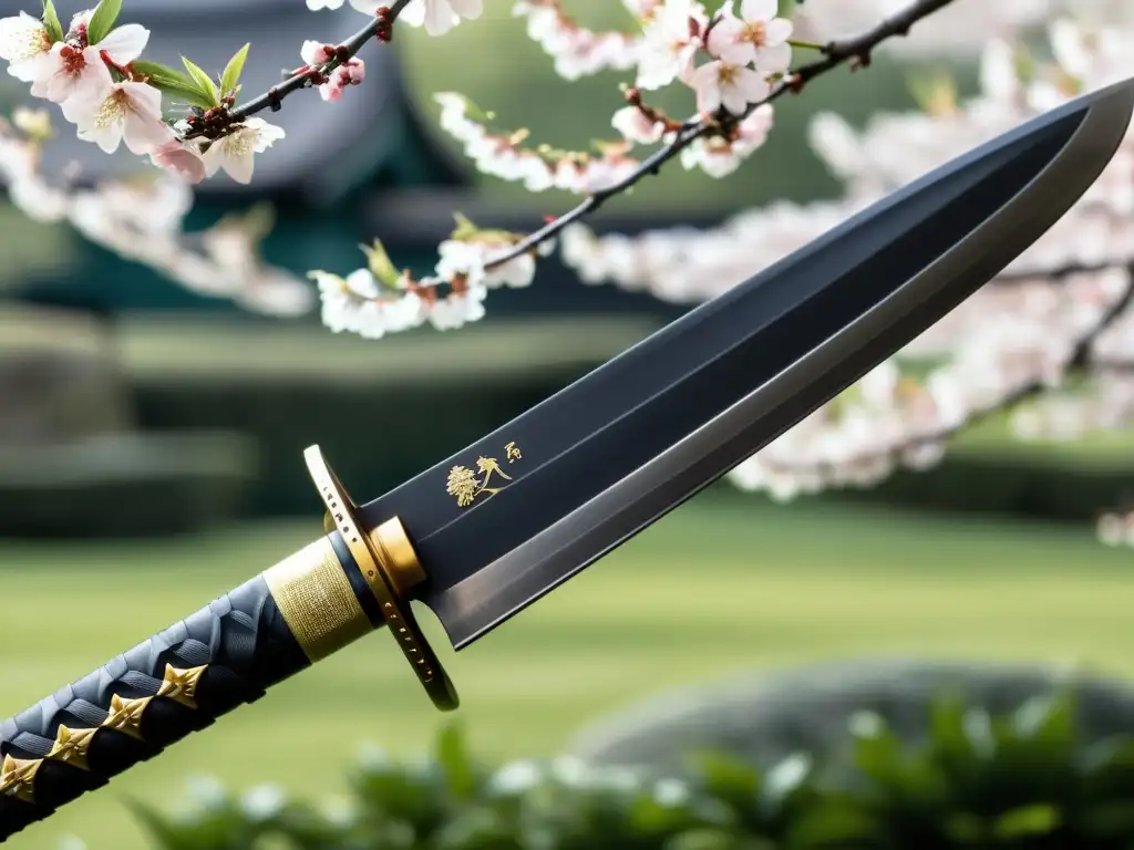 Una impresionante katana japonesa con patrón de ondas, tsuba ornamental y tsuka detallado, reflejando la luz en un jardín japonés con cerezos en flor