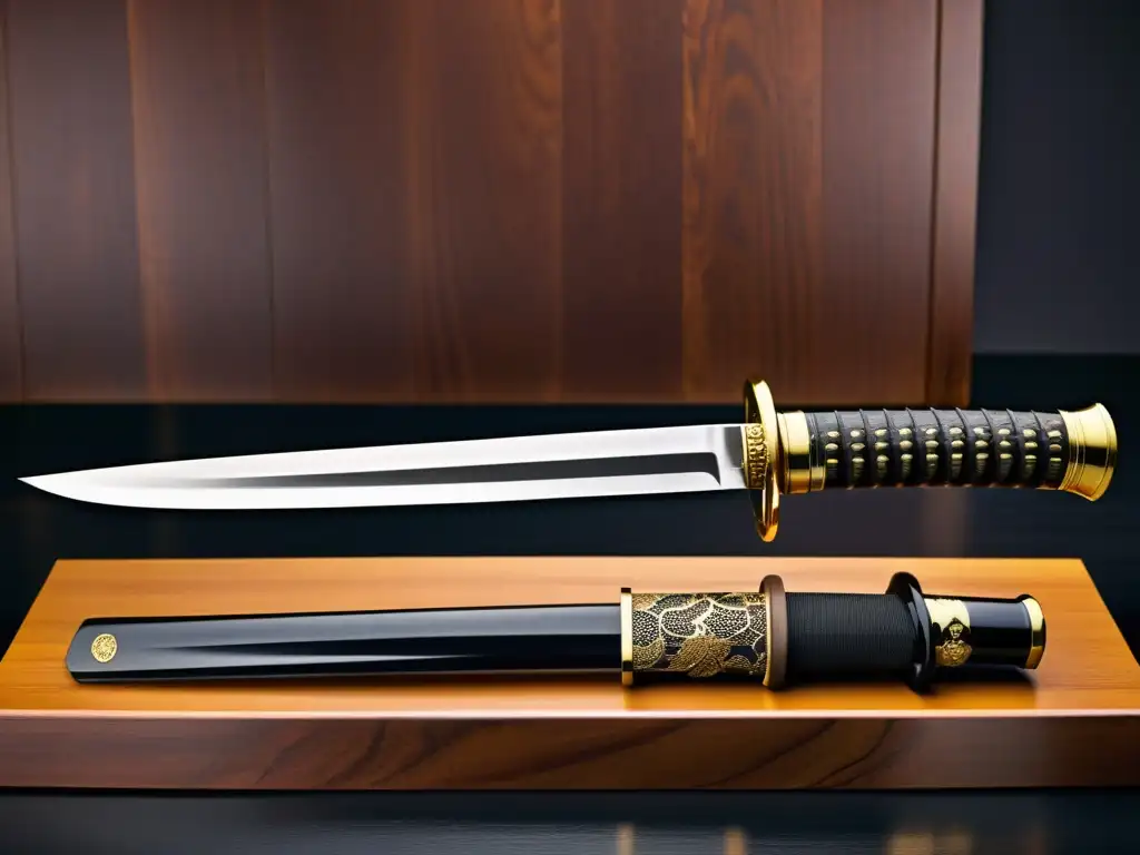 Una impresionante katana japonesa tradicional exhibida en un soporte de madera pulida, destacando la artesanía y elegancia