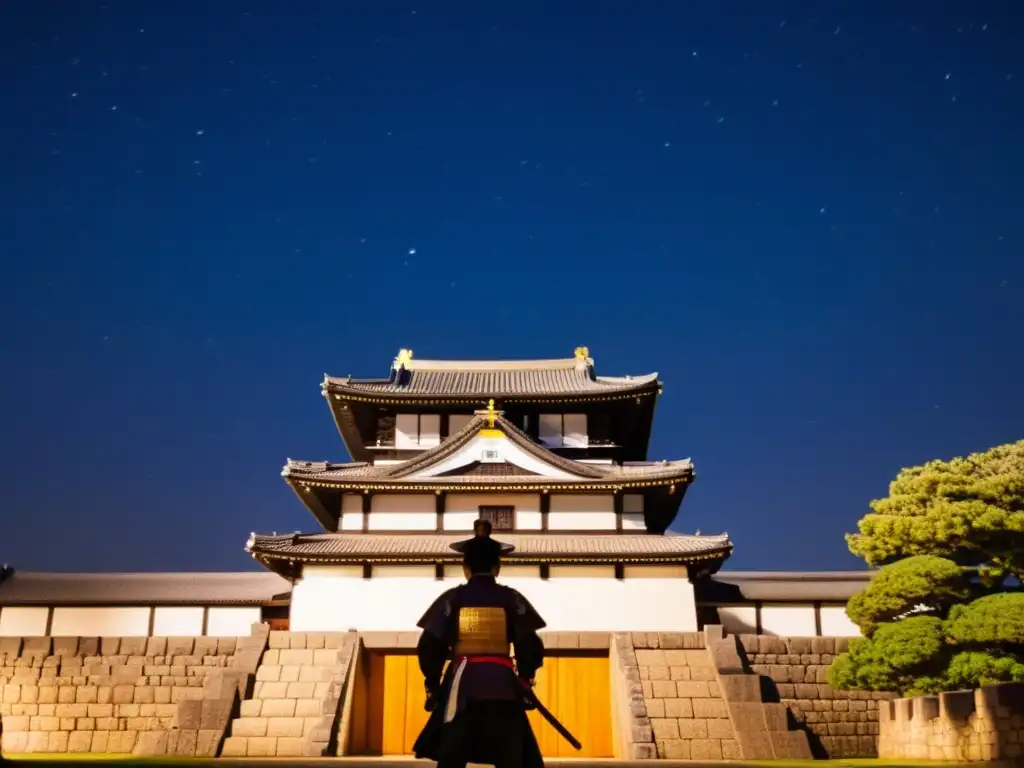 Una impresionante fotografía de noche del histórico Castillo Edo, iluminado por suaves luces de linterna, con la majestuosa silueta del castillo en el cielo estrellado