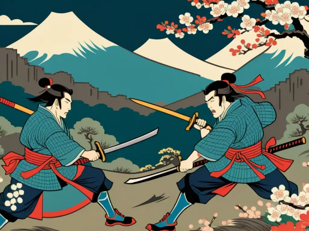 Una impresionante obra de arte japonesa ukiyo-e que representa una intensa batalla de samuráis, con influencia de cómics y arte secuencial