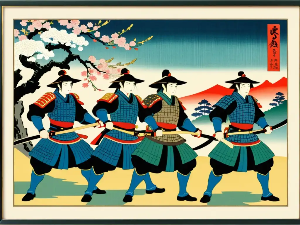 Una impresionante obra ukiyo-e de samuráis en armadura, con colores vivos y detalles meticulosos, enmarcada por motivos de cerezos