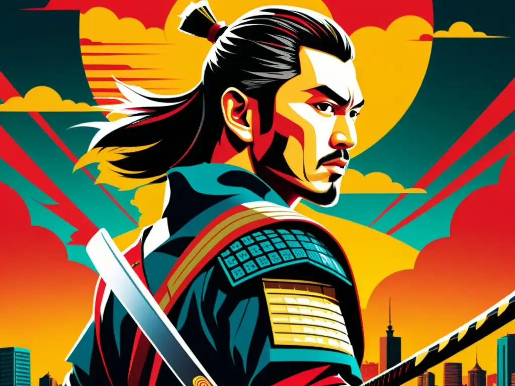 Un impresionante póster moderno de película muestra a un samurái reinventado en una escena dinámica y llena de acción