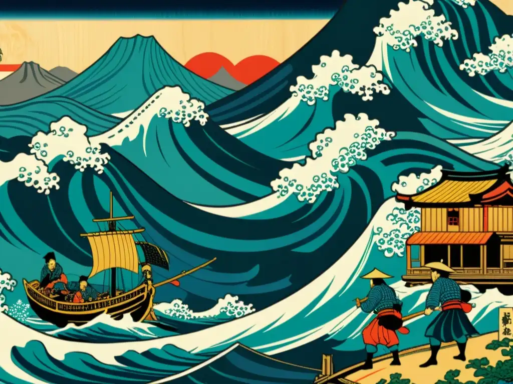 Una impresionante representación de un grabado en madera ukiyo-e japonés, que muestra piratas Wokou atacando una aldea costera